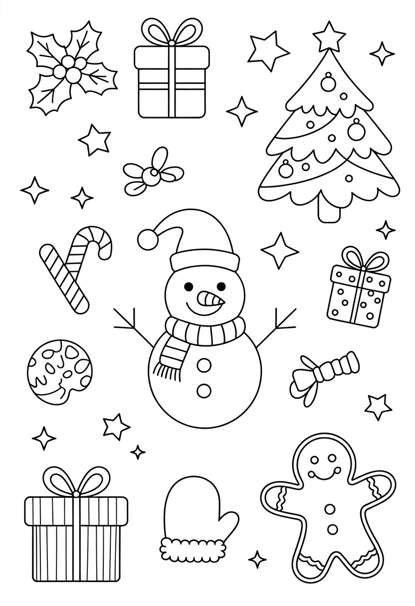 Coloring Pages Cute Ideas for Kids: 21 Engaging Designs to Inspire Creativity 36 A collection of cute holiday icons including a snowman, Christmas tree, gifts, candy canes, holly leaves, mitten, gingerbread cookie, and stars.